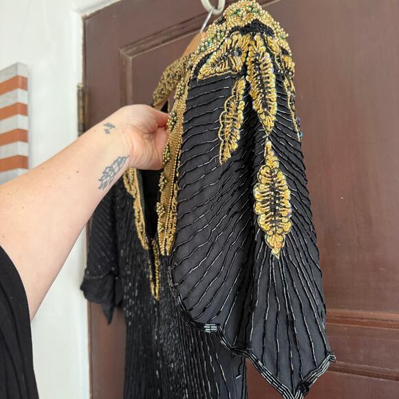 80s Vintage Mark and John Black and gold Fully beaded Beaded Silk Gown Medium - Picture 4 of 9
